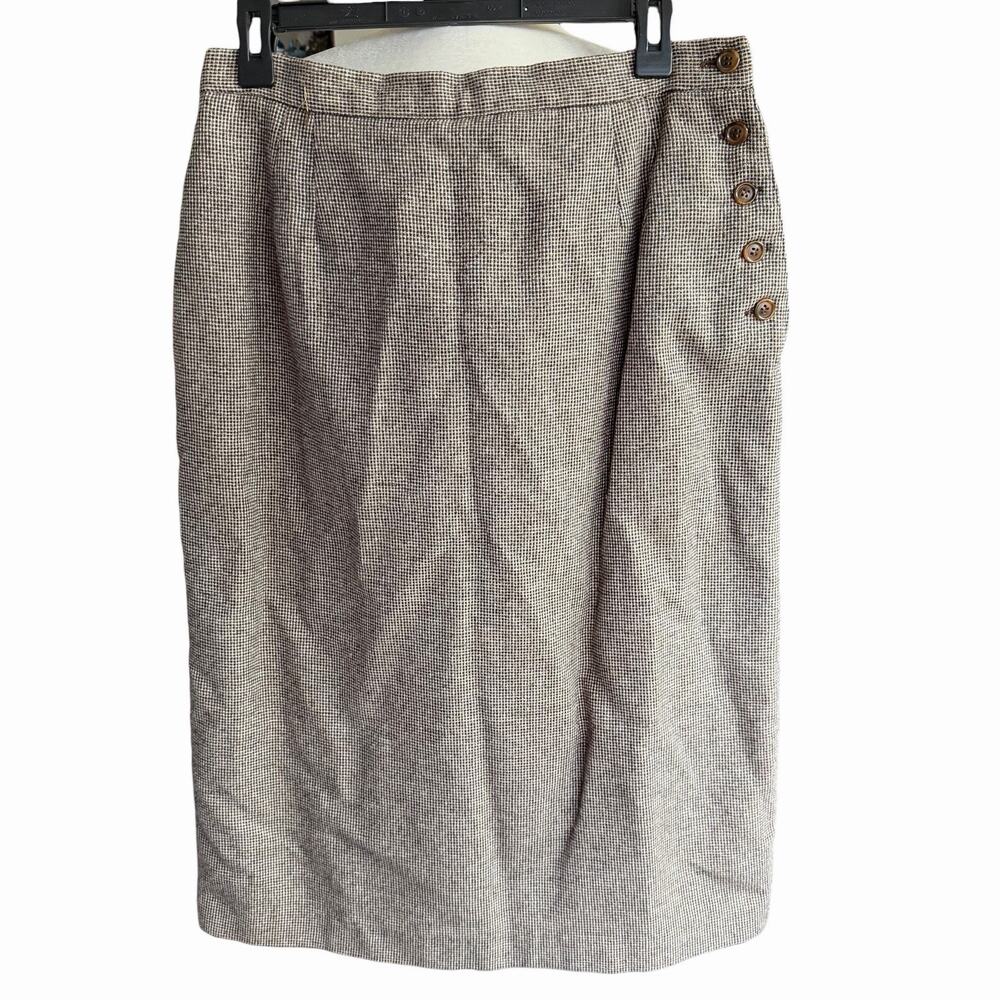 Vtg 80s Wool Blend Pencil Skirt Brown Check Sz 14 Old Money Preppy Prep